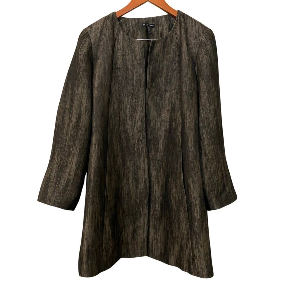 Eileen Fisher Linen Silk Herringbone Shadow Jacket Large Roundneck Swing Coat - Picture 4 of 12